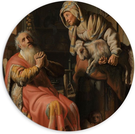 Dibond Wandcirkel - Oude meesters - Tobit en Anna met het bokje, Rembrandt van Rijn, 1626 - 100x100cm Foto op Aluminium Wandcirkel (met ophangsysteem)