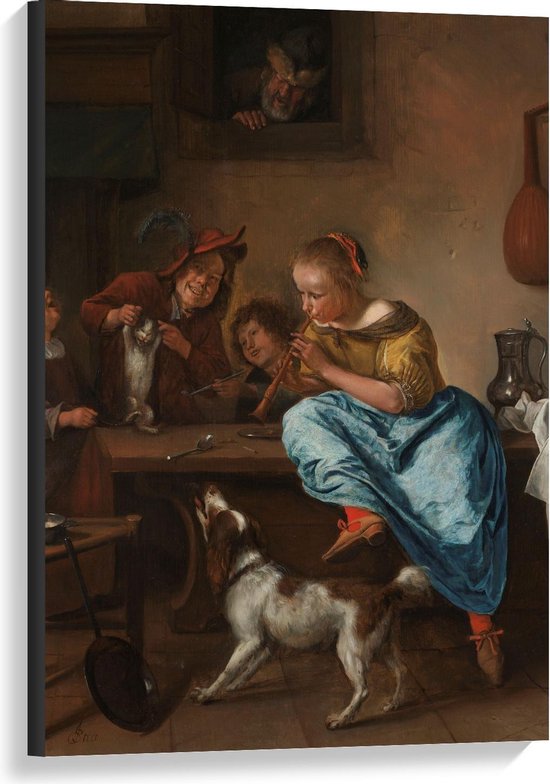 Canvas  - Oude meesters - De dansles, Jan Havicksz. Steen - 60x90cm Foto op Canvas Schilderij (Wanddecoratie op Canvas)