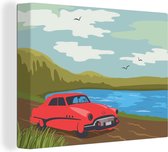 Canvas Schilderij Vintage rode auto - 120x90 cm - Wanddecoratie