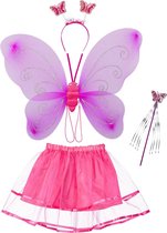 Relaxdays fee kostuum kinderen - vlindervleugels - kinderkostuum - toverstaf - diadeem - roze