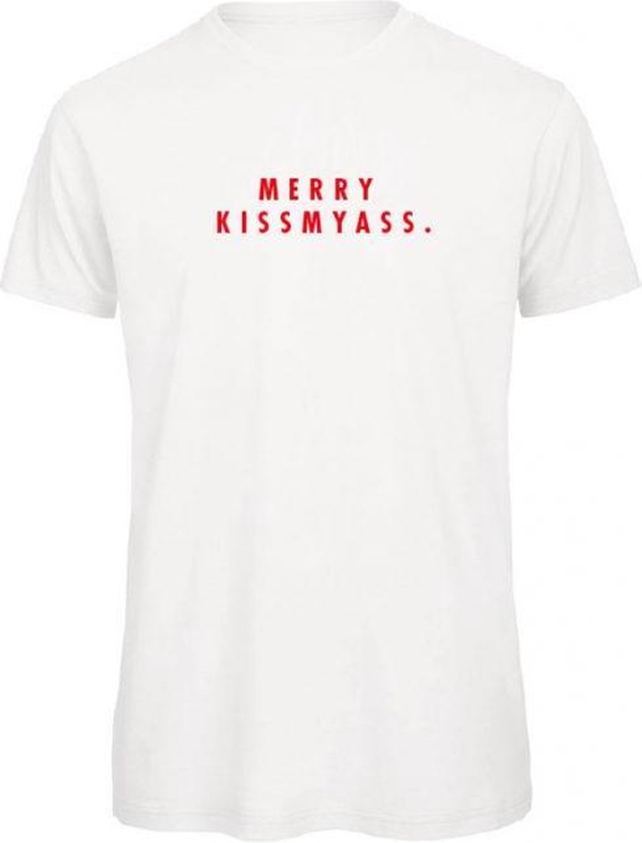 Foute kersttrui t-shirt wit L - Merry Kissmyass - rood - soBAD. | Kerst t-shirt soBAD. | kerst shirts volwassenen | kerst t-shirts volwassenen | Kerst outfit | Foute kerst t-shirts