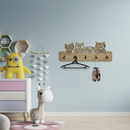 Porte-manteau pour enfants Kidswall ® - Porte-manteau hibou - Handgemaakt - Porte- Cintres - 5 crochets - Porte- Cintres design - Y compris le matériel de montage - Porte-manteau mural - Crochets pour chambre d'enfant - Chêne marron - Moderne ®