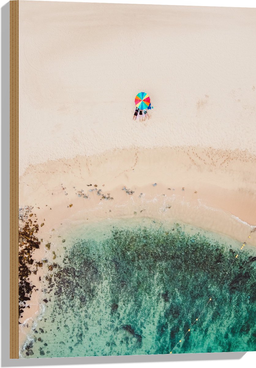 Hout - Parasol op het Strand - 50x75 cm - 12 mm dik - Foto op Hout (Met Ophangsysteem)