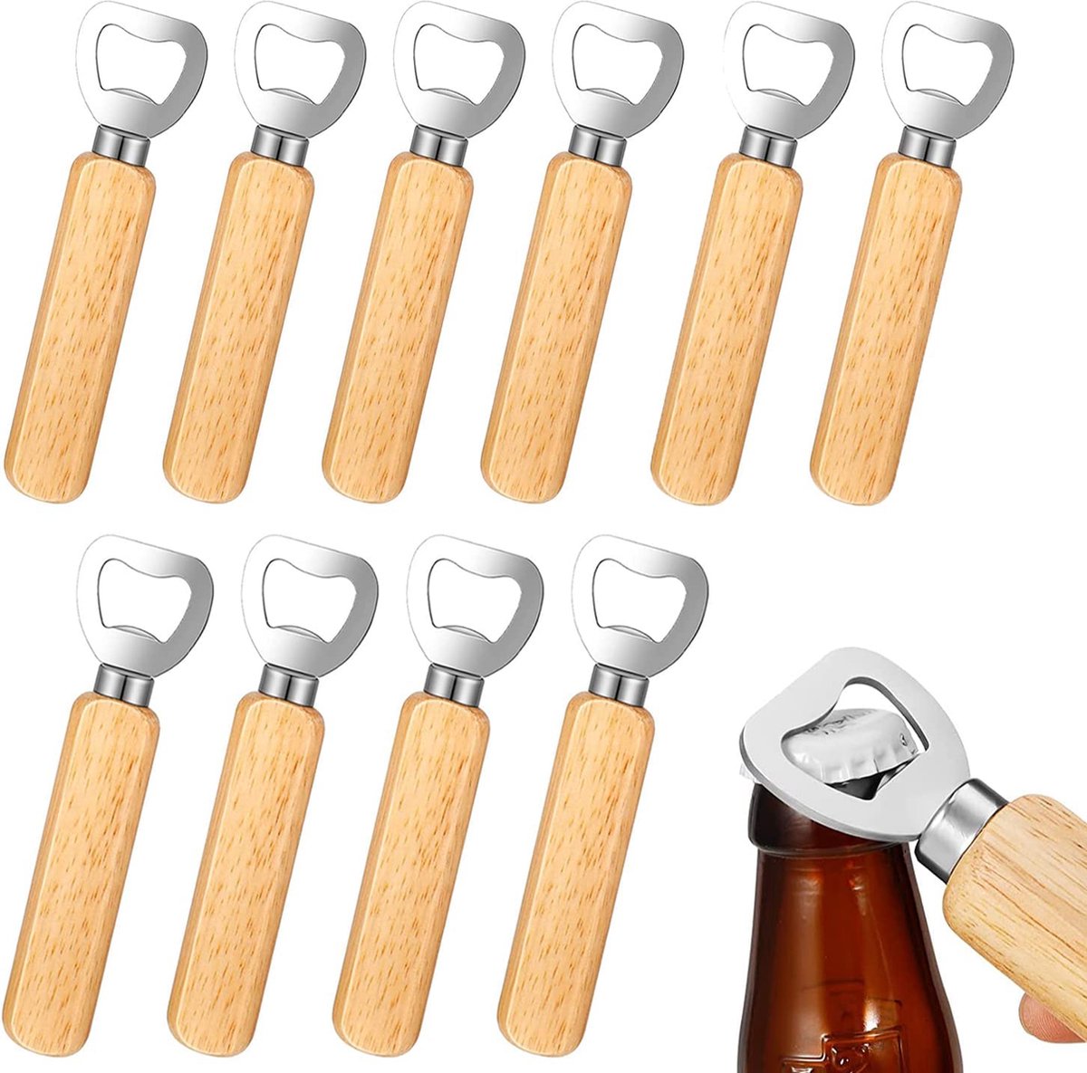 OurLeeme flesopener, 10 stuks houten handvat bierflesopener draagbare