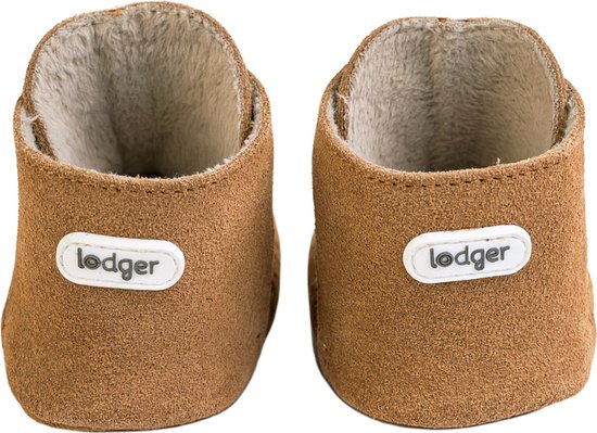 Bruine suède babyslofjes met klittenband en gele stiksels, met Lodger logo