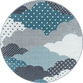 Flycarpets Kids Wolken Rond Vloerkleed Kinderkamer - Blauw / Grijs - Kindervloerkleed / Babykamer - 160 cm
