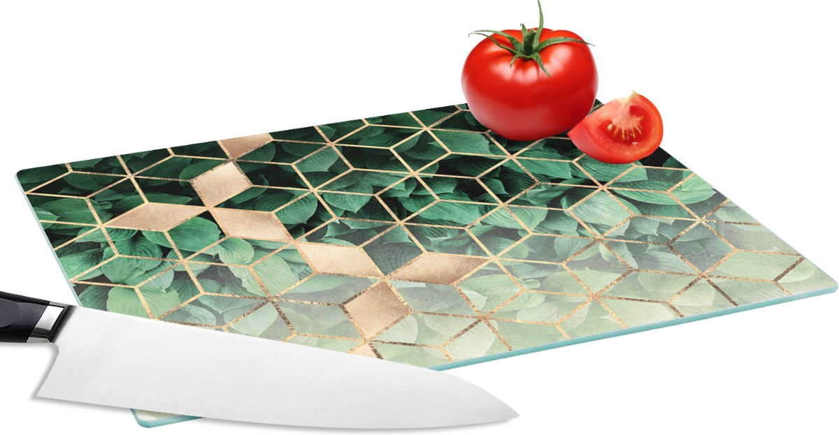 Glazen Snijplank - 28x20 - Bladeren - Goud - Patronen - Kubus - Luxe - Snijplanken Glas