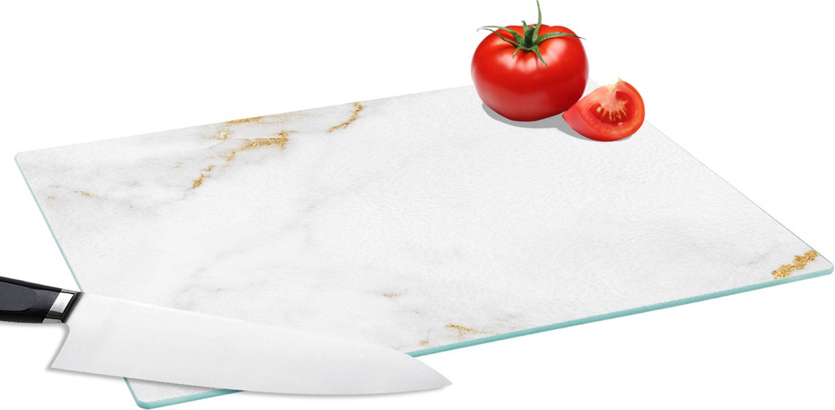 Glazen Snijplank - 39x28 - Marmer - Goud - Wit - Luxe - Snijplanken Glas