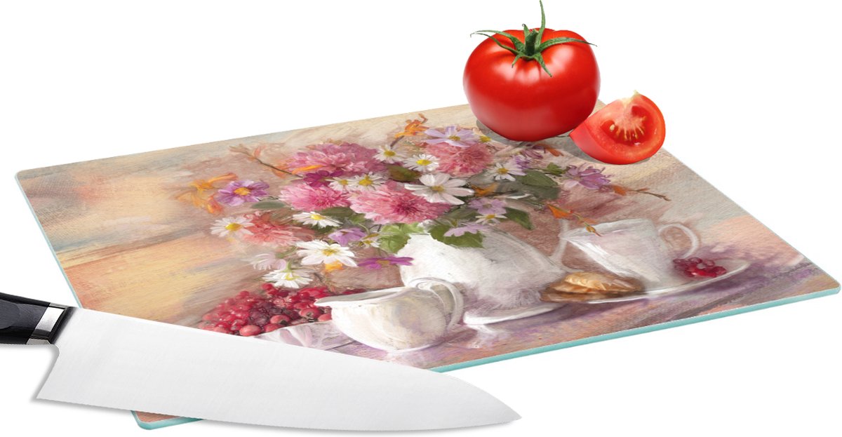 Glazen Snijplank - 28x20 - Schilderij - Bloemen - Vaas - Olieverf - Snijplanken Glas