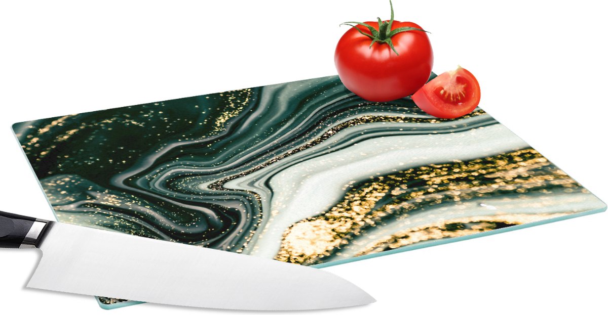 Glazen Snijplank - 28x20 - Marmerlook - Goud - Groen - Glitter - Design - Marmer - Snijplanken Glas