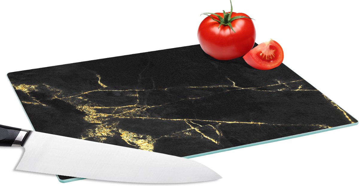 Glazen Snijplank - 28x20 - Marmer - Zwart - Goud - Luxe - Snijplanken Glas