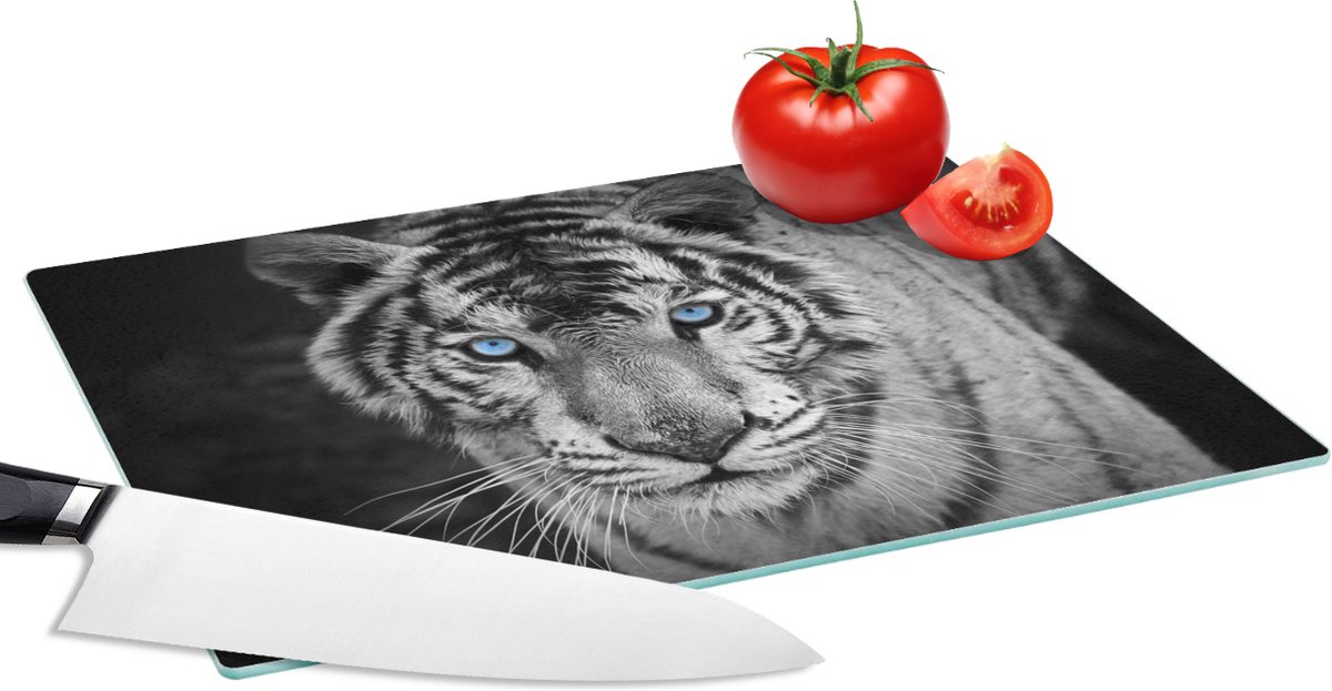 Glazen Snijplank - 28x20 - Dieren - Tijger - Zwart wit - Ogen - Blauw - Snijplanken Glas