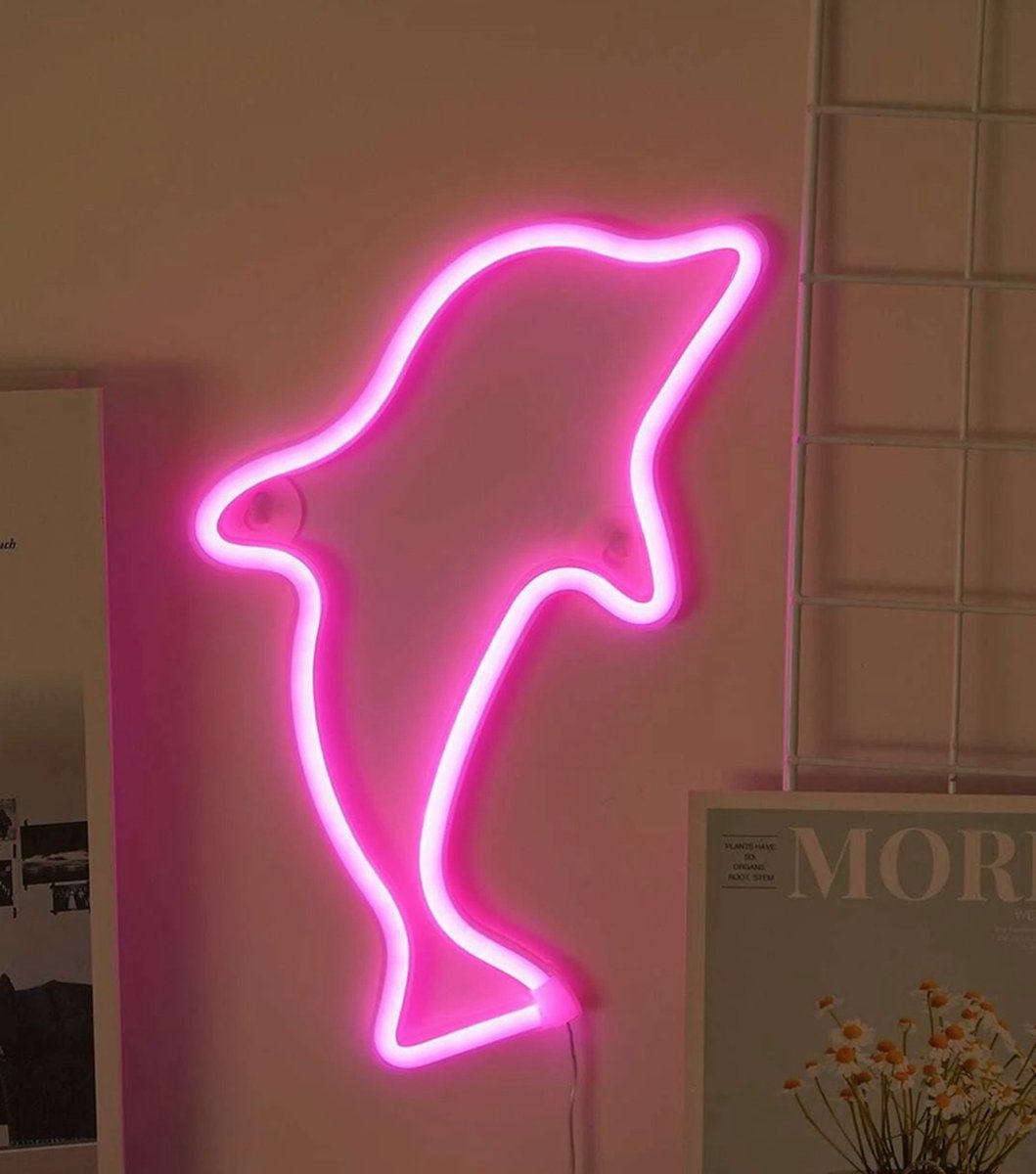 Neon led lamp - Dolfijn - Roze - 27 x 21 cm - Incl. 3 AA batterijen - Neon Verlichting - Wandlamp