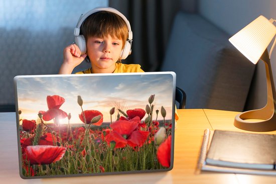 Sticker ordinateur portable - 15,6 pouces - Coucher de soleil derrière les coquelicots