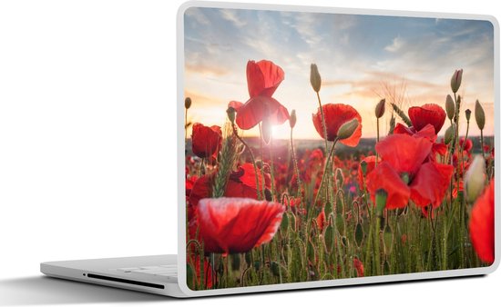 Sticker ordinateur portable - 15,6 pouces - Coucher de soleil derrière les coquelicots
