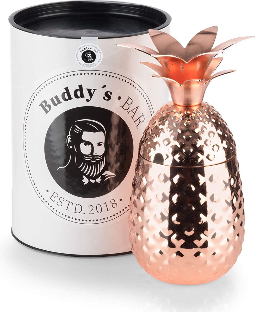 Buddy´s Bar - 1 Ananas cocktailbeker, 450 ml, Pineapple mok, hoogwaardige roestvrij stalen beker, geschikt voor levensmiddelen, cocktailbeker incl. geschenkdoos, 1 stuk, gepolijst koper