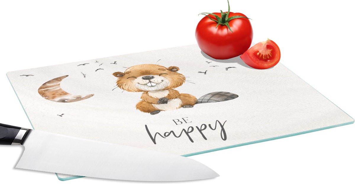 Glazen Snijplank - 28x20 - Quotes - Be happy - Kinderen - Maan - Bever - Waterverf - Snijplanken Glas