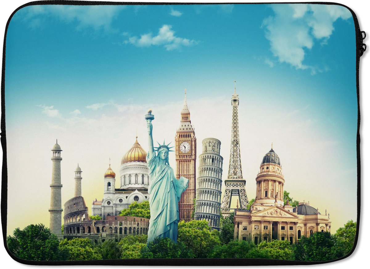 Laptophoes 13 inch - Wereld - Eiffeltoren - Vrijheidsbeeld - Laptop sleeve - Binnenmaat 32x22,5 cm - Zwarte achterkant