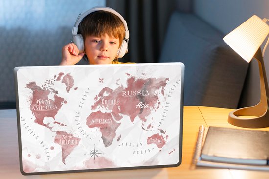 Sticker ordinateur portable - 17,3 pouces - Wereldkaart - Peinture - Rose