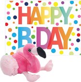 Wild Republic - Knuffel flamingo 18 cm met Happy Birthday wenskaart