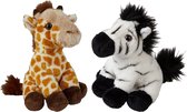 Ravensden - Safari dieren knuffels - 2x stuks - Zebra en Giraffe - 15 cm