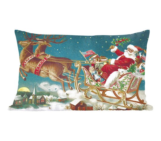 Sierkussens - Kussen - Vintage kerstman met vliegende slee - 50x30 cm - Kussen van katoen