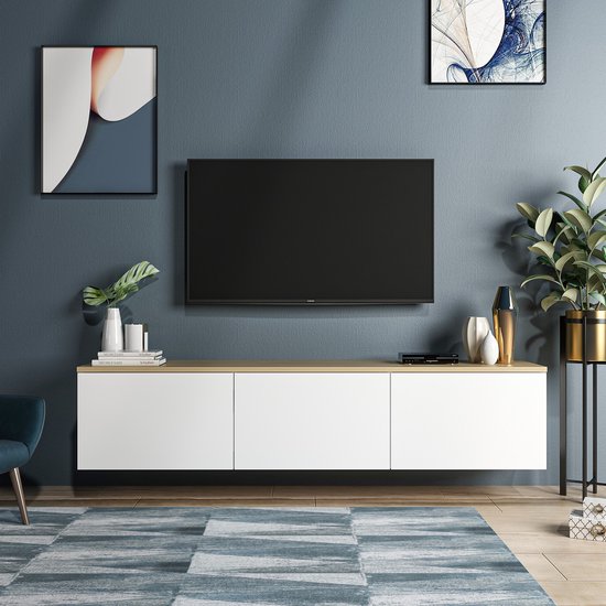 Scandinavisch TV-meubel 160x32x35 cm Hout en Wit Zwevend - TV meubel 160cm  met 3 vakken. | bol.com