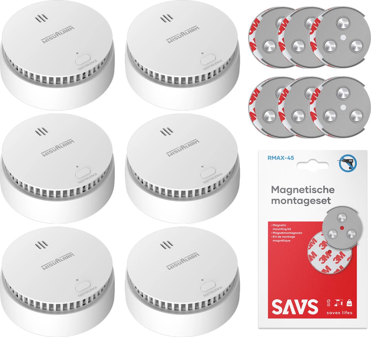 WisuAlarm SA20-A Rookmelder met magneet montage - 6 Rookmelders - 10 jaar batterij - Kan in de buurt van keuken en badkamer - Voldoet aan Europese norm - Brandalarm zonder boren
