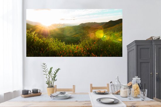 Stickers muraux - Film autocollant - Collines - Coucher de soleil - Herbe - Vert - 160x80 cm - Film adhésif - Stickers muraux muraux Chambre d'enfant - Papier peint autocollant - Papier peint autocollant - Film autocollant