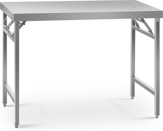 Zilverkleurige metalen werktafel met inklapbaar onderstel. Van voren gezien, met de poten recht.