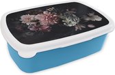 Broodtrommel Blauw - Lunchbox - Brooddoos - Bloemen - Vintage - Pastel - Roze - Wit - 18x12x6 cm - Kinderen - Jongen