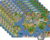 Placemat kinderen - Placemat kinderen - Wereldkaart - Dieren - Natuur - Onderlegger - 45x30 cm - 6 stuks