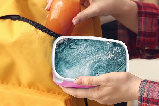 Broodtrommel Roze - Lunchbox - Brooddoos - Marmer look - Blauw - Luxe - 18x12x6 cm - Kinderen - Meisje