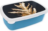 Broodtrommel Blauw - Lunchbox - Brooddoos - Bladeren - Goud - Herfst - Natuur - Luxe - 18x12x6 cm - Kinderen - Jongen