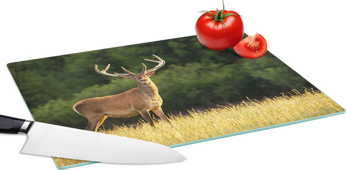 Glazen Snijplank - 39x28 - Hert - Gewei - Gras - Natuur - Dieren - Groen - Snijplanken Glas