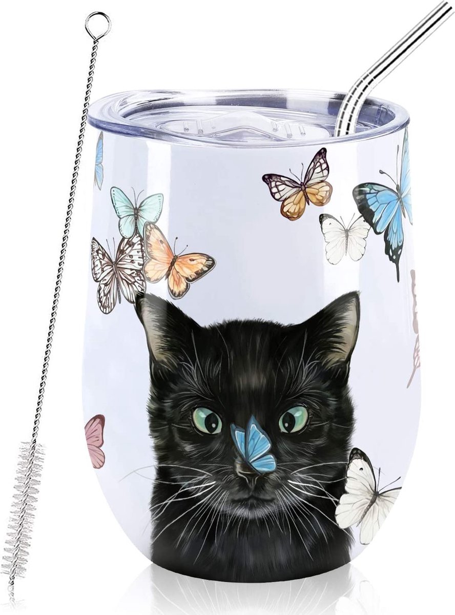 Nymphfable 12oz Roestvrijstalen Beker Met Deksel En Rietje Wijn Tumbler Katten GeïSoleerde Reismok Dubbelwandig