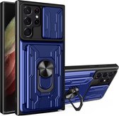 Hoesje Geschikt Voor Samsung Galaxy S22 Ultra hoesje met pashouder - camera bescherming cover en ring houder – Blauw – oTronica