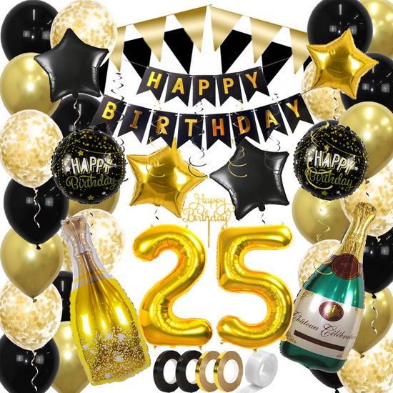 25 Jaar Feest Verjaardag Versiering Confetti Helium Ballonnen Slingers Happy Birthday Goud & Zwart Decoratie – 60 Stuks