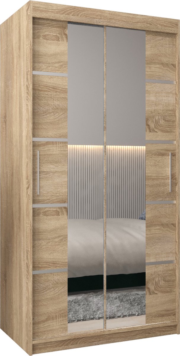 AJE Meubles B.V. InspireMe - Kledingkast met 2 schuifdeuren, Modern-stijl, Kledingkast met planken (BxHxD): 100x200x62 - VENTILA IV 100 Sonoma Eik met 2 lades