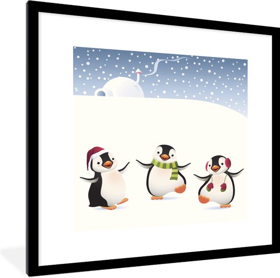 Fotolijst incl. Poster - Een illustratie van drie pinguïns in de sneeuw - 40x40 cm - Posterlijst - Kerstmis Decoratie - Kerstversiering - Kerstdecoratie Woonkamer - Kerstversiering - Kerstdecoratie voor binnen - Kerstmis