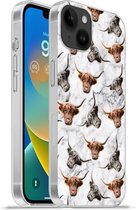 Geschikt voorApple Iphone 14 Plus - Soft case hoesje - Schotse hooglander - Koe - Marmer print - Siliconen Telefoonhoesje