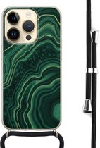 Hoesje met koord - Geschikt voor iPhone 14 Pro - Marmer groen agate - Verstelbaar zwart koord - Transparant, Groen - Marmer - Leuke Telefoonhoesjes