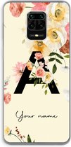 Gepersonaliseerd - Case Company® - Hoesje geschikt voor Xiaomi Redmi Note 9 Pro hoesje - Flirty Flowers Monogram - Soft Cover Telefoonhoesje - Bescherming aan alle Kanten en Schermrand