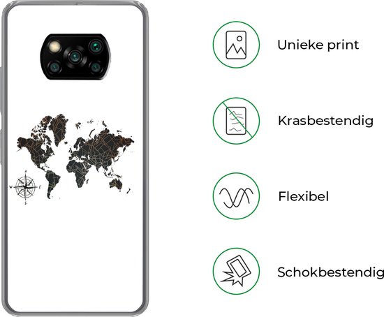 Coque Xiaomi Poco X3 Pro - Wereldkaart - Or - Zwart - Rose des Vents - Siliconen