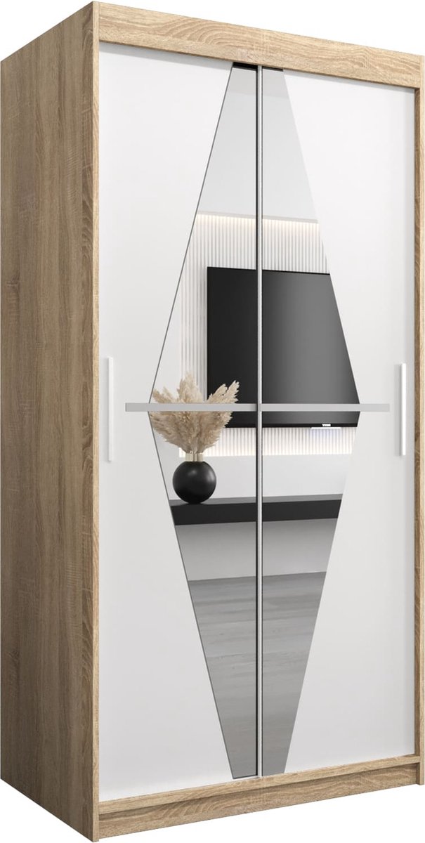 InspireME Kledingkast met 2 schuifdeuren, Modern-stijl, Een kledingkast met planken en een spiegel (BxHxD): 100x200x62 - BOLA 100 Sonoma Eik + Wit Mat met 2 lades