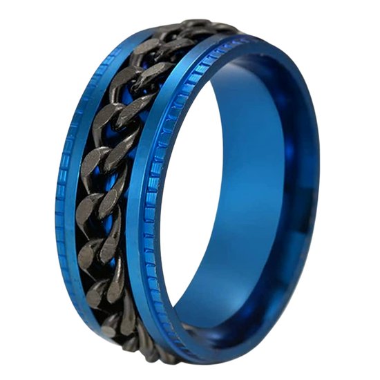 Anxiety Ring - (Ketting) - Stress Ring - Fidget Ring - Anxiety Ring For Finger - Draaibare Ring - Spinning Ring - Blauw-Grijs kleurig RVS - (19.75mm / maat 62)
