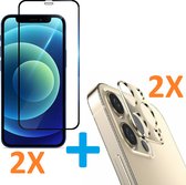 2X Volledige Dekking Scherm Tempered Glass Screen Protector  + 2X Camera lens Beschermer goud Geschikt voor: Apple iPhone 12 Pro