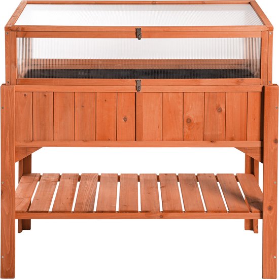 TTL Garden Planter met verzinkt werkblad, outdoor tuintafel, weerbestendig, met 2 legplanken en 2 haklijsten met 6 haken, dennenhout, bruin, tuin, balkon, terras, kas