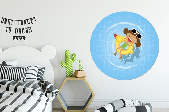 Cercle mural Illustration enfant Nager aluminium - Illustration enfant fille dans piscine Cercle mural aluminium - ⌀ 120 cm - tableau rond - tirage photo sur aluminium / dibond / cercle mural / cercle vivant / cercle jardin (décoration murale) XXL /
