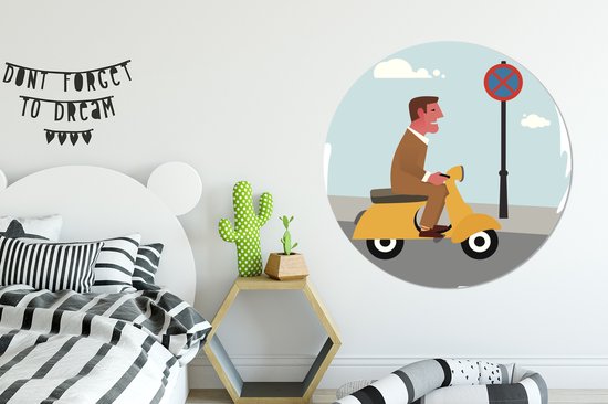 Illustration d'un homme sur une Vespa Wall cercle aluminium ⌀ 120 cm - tirage photo sur cercle mural / cercle vivant / cercle jardin (décoration murale) XXL / Groot format!